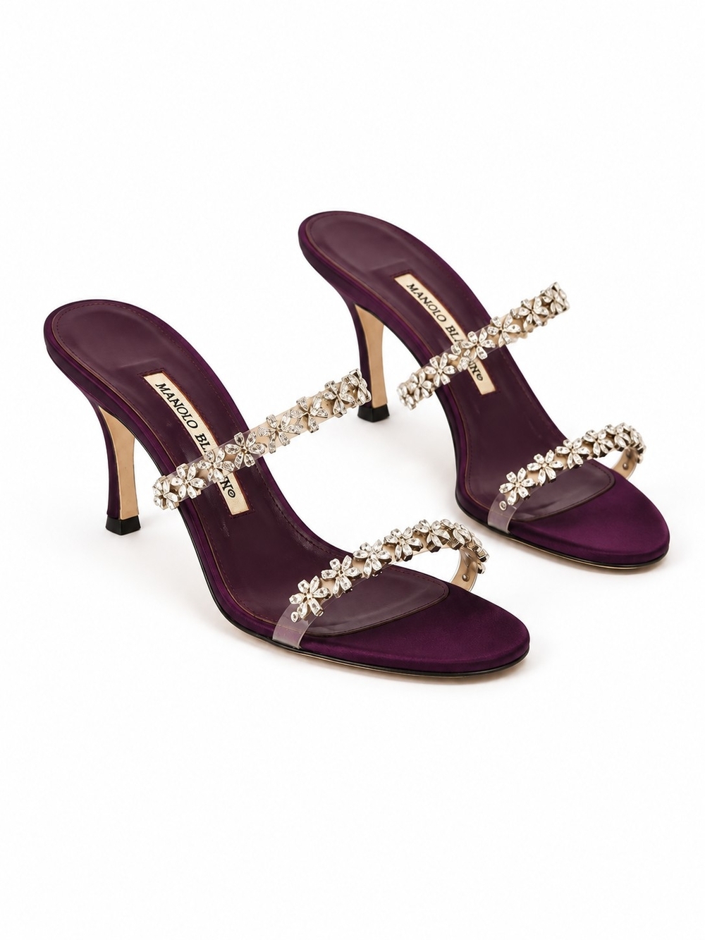 Manolo Blahnik Purple Jeweled Two-Strap Heels